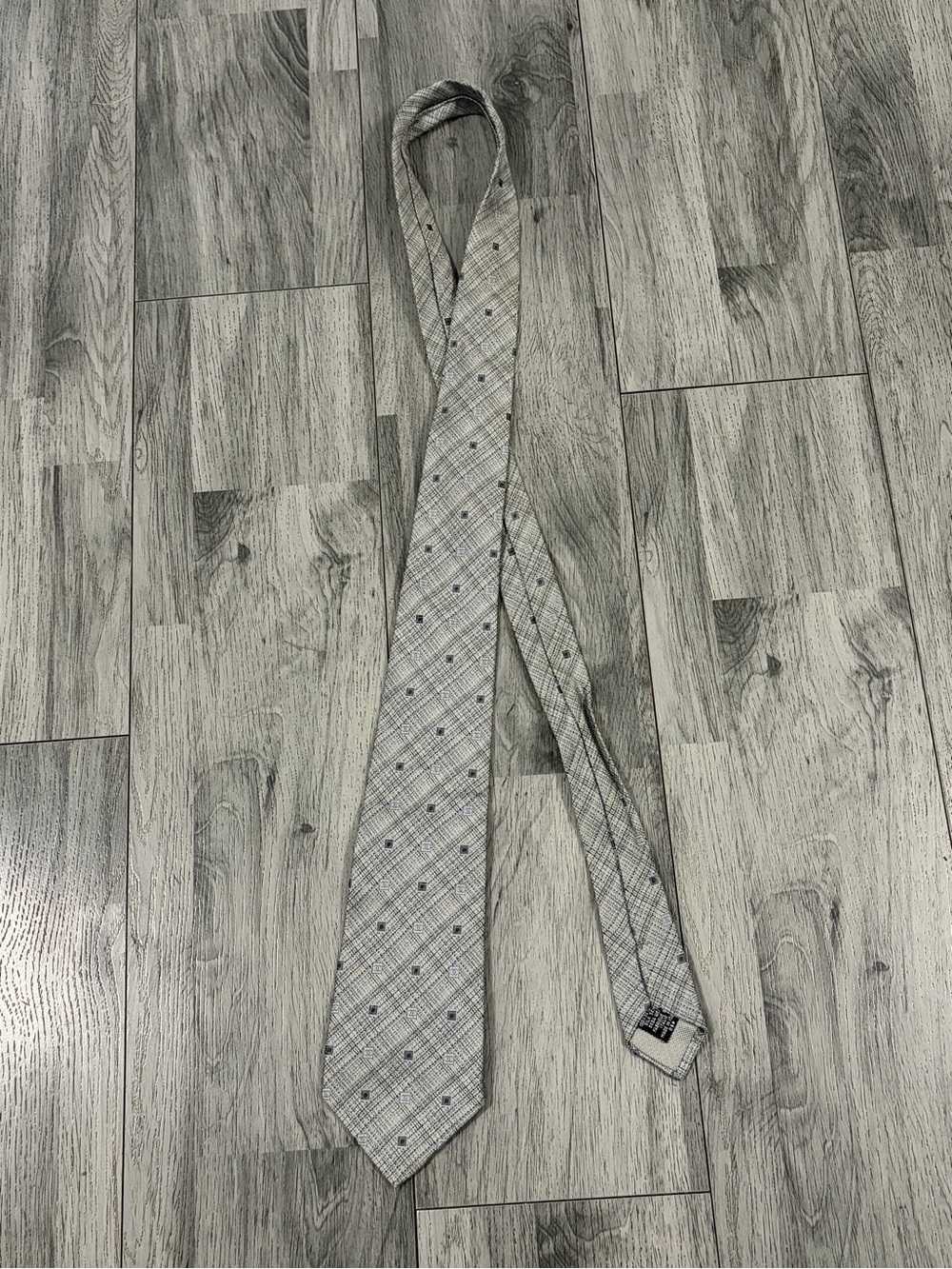CHANEL Gray Plaid Tie with Subtle Dot Pattern